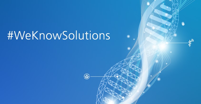 DMEA Bühnenbild Symbolbild Doppelhelix, Motto: WeKnowSolutions