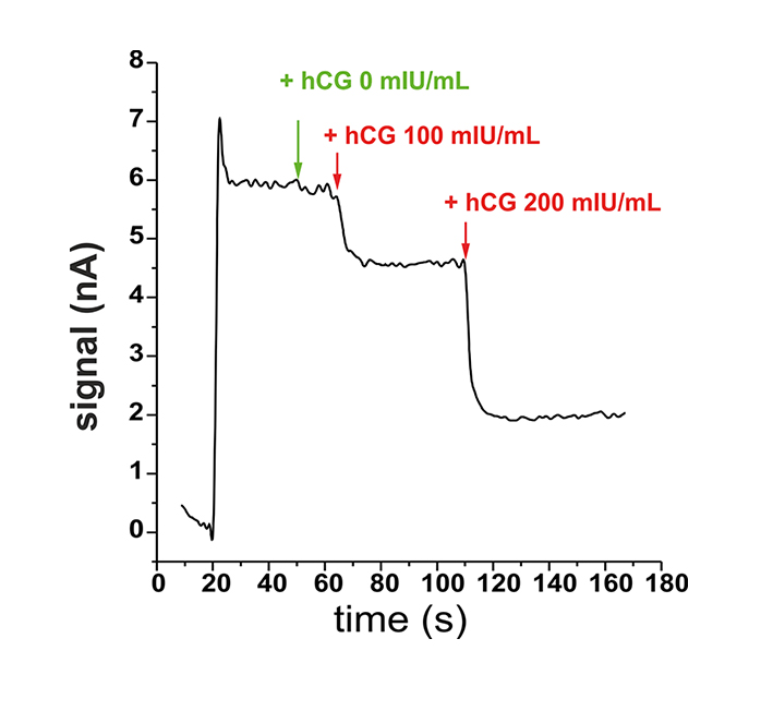 Measurement signal (nA) of the competitive hCG redox quenching immunoassay